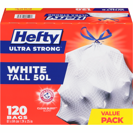Hefty Ultra Strong White Drawstring Bags Tall 50 L Mega Pack 120 ea, $0.23/1ea