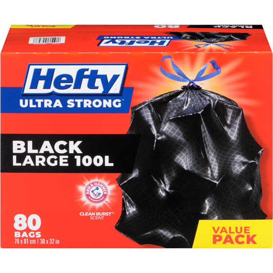 Hefty Ultra Strong Black Drawstring Bags Large 100 L Mega Pack 80 ea, $0.35/1ea