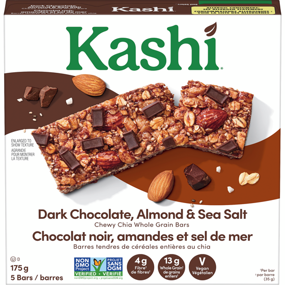 Kashi Barres tendres de céréales entières de chia chocolat noir, amandes et sel de mer 175 g, 2,85 $/100g