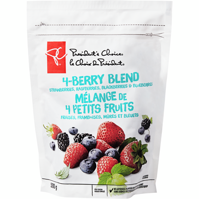 President's Choice Frozen 4-Berry Blend 500 g, $0.80/100g