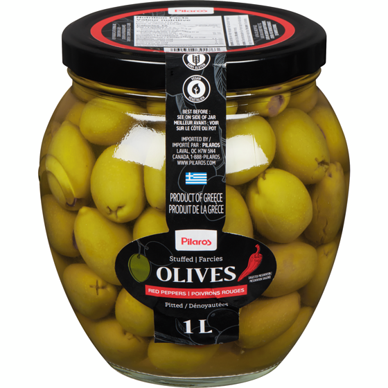 Pilaros Olives Stuffed Red Peppers Pitted 1 l, $1.25/100ml