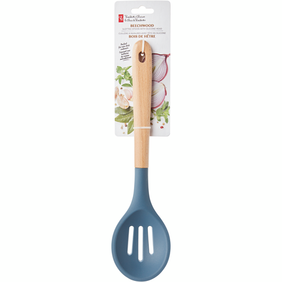 President's Choice Beechwood Slotted Spoon with Silicone Head - Blue 1 ea, $11.00/1ea