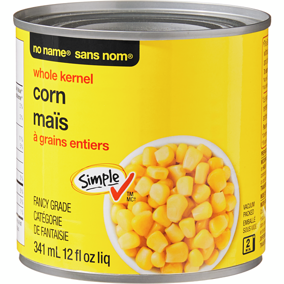 No Name Whole Kernel Corn 341 ml, $0.44/100ml