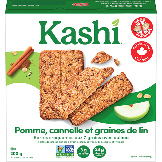 Kashi Barres croquantes aux 7 grains avec quinoa pomme, cannelle et lin 200 g, 2,50 $/100g