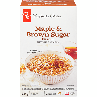 President's Choice Instant Oatmeal, Maple & Brown Sugar 344 g, $0.96/100g