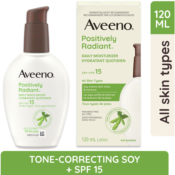 Aveeno Positively Radiant Daily Moisturizer SPF 15, Dry Skin Lotion, Face Cream, Hypoallergenic, Soy Formula 120 ml, $21.66/100ml