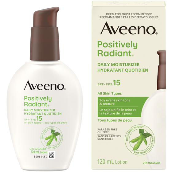 Aveeno Hydratant quotidien  Positively Radiant, FPS 15, lotion pour la peau sèche, crème pour le visage, hypoallergénique, formule à base de soja 120 ml, 22,49 $/100ml