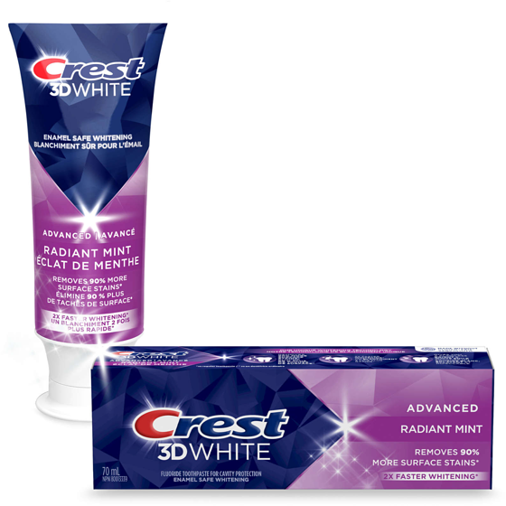 Crest Dentifrice blanchissant 3D, menthe radieuse avancée, blanchiment 2 fois plus rapide 70 ml, 9,27 $/100ml