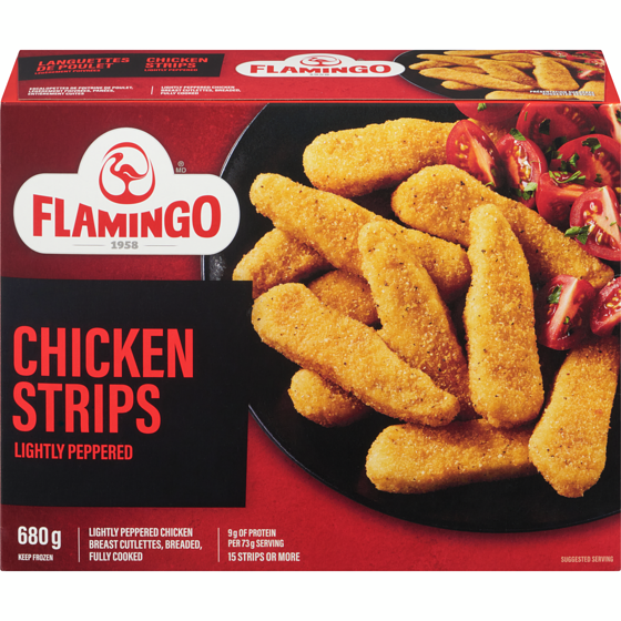 Flamingo Chicken Strips Lightly Peppered 680 g, $1.25/100g