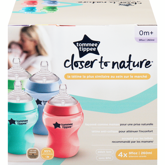 Tommee Tippee Closer to nature biberons colorés 260 ml 0 m+ 4x1.0 ea, 10,00 $/1ch