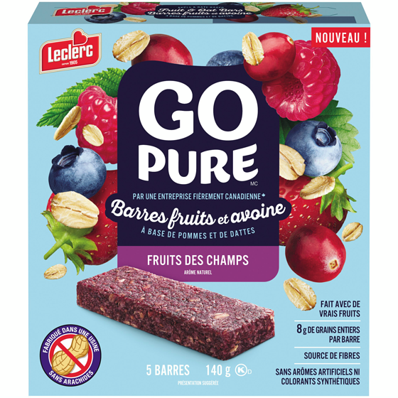 Leclerc Go Pure barres fruits et avoine fruits des champs 140 g, 3,06 $/100g