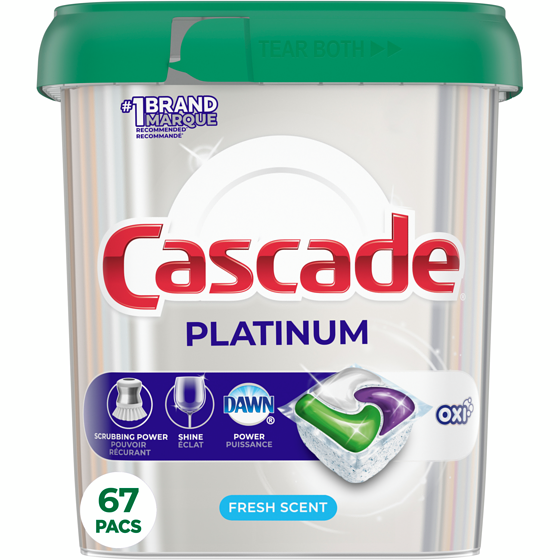 Cascade Platinum + Oxi Dishwasher Pods, Dish Detergent ActionPacs, Fresh, 67 Count 67 ea, $0.37/1ea