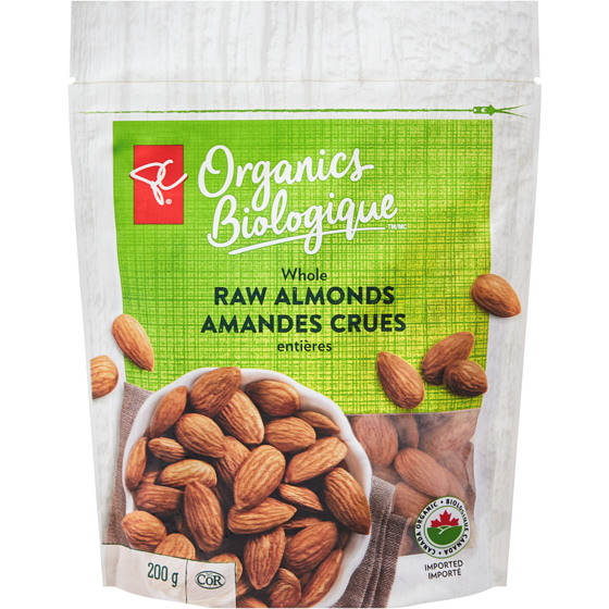 PC Biologique Amandes crues entières 200 g, 5,50 $/100g