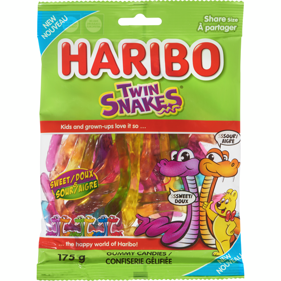 Haribo Twin snakes confiserie gélifiée doux & aigre à partager 175 g, 2,28 $/100g
