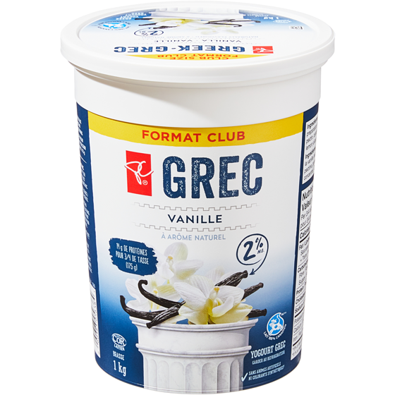 le Choix du Président Yogourt grec 2% MF, vanille, format club 1 kg, 0,75 $/100g