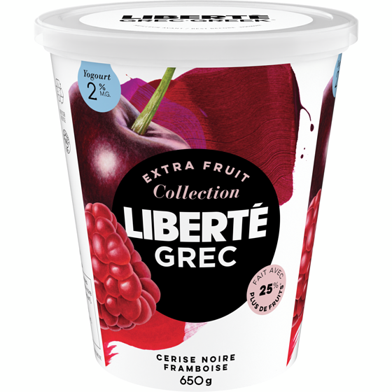 Liberté Grec Yogourt 2 %, Extra fruit Cerise noire Framboise, Teneur élevée en protéines 650 g, 1,15 $/100g
