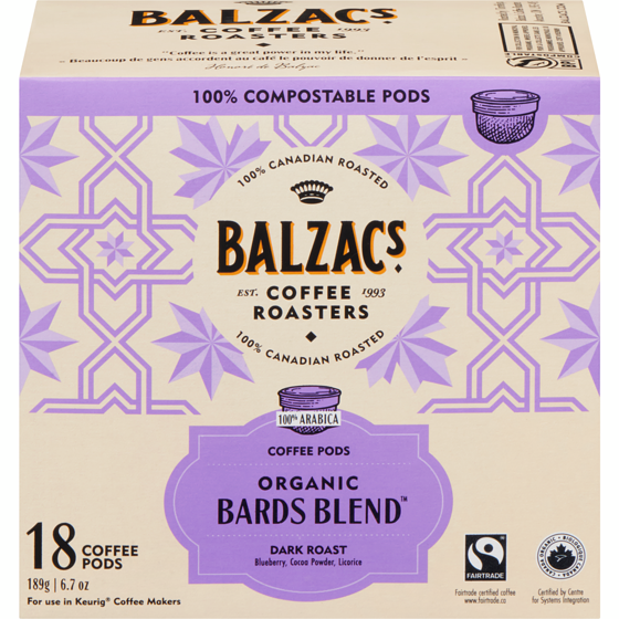 Balzac's Bards Blend Coffee Pods Stout Roast Dark, Lush 18 ea, $1.17/1ea