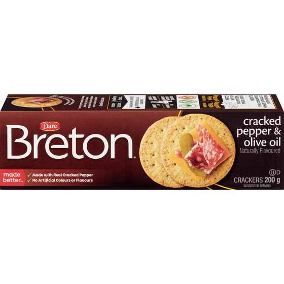 Dare Breton Cracked Pepper and Olive Oil Crackers 200 g, $1.75/100g