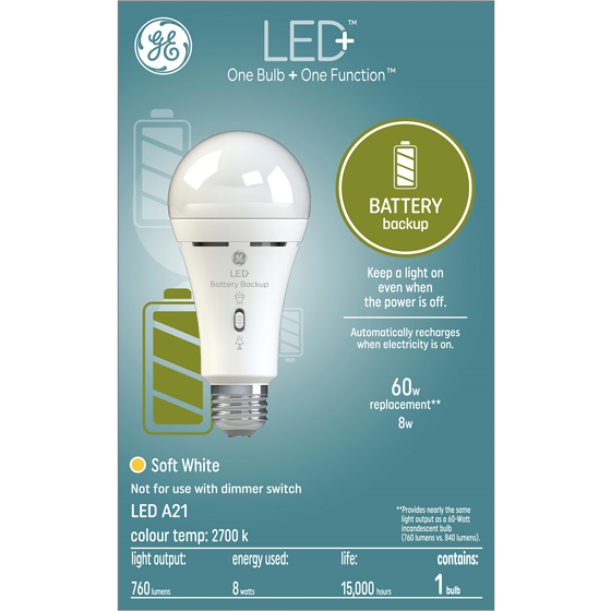 GE LED+ 8W A21 Battery Back-up 1PK 1 ea, $25.00/1ea