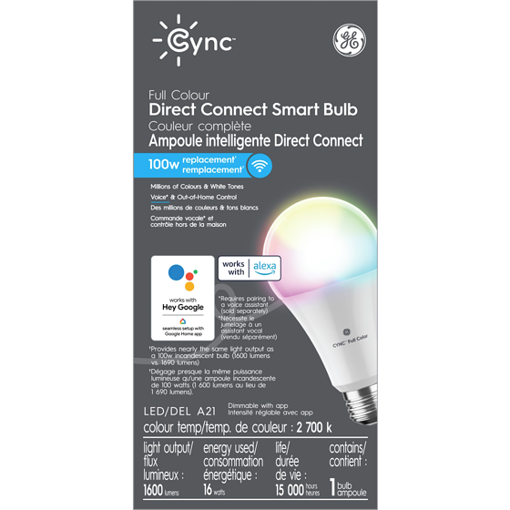 GE CYNC Full Color RGBW A21 100W 1PK 1 ea, $35.00/1ea