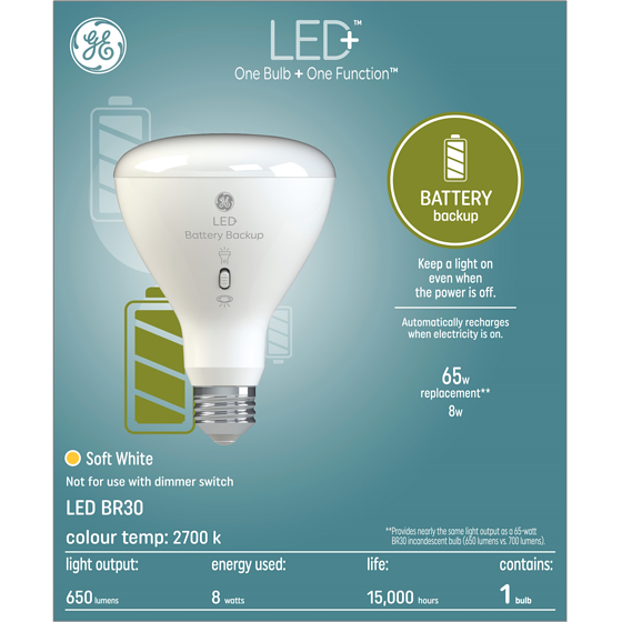 GE LED+ 8W R30 Battery Back-up 1PK 1 ea, $30.00/1ea