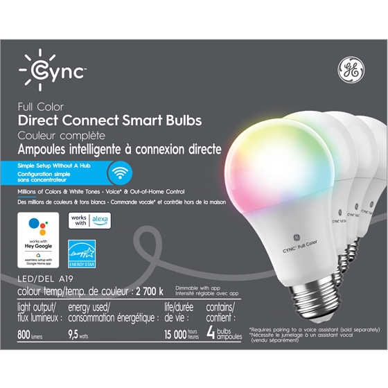 GE CYNC Full Color RGBW A19 4PK 1 ea, $65.00/1ea
