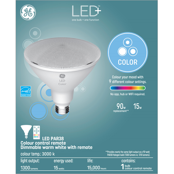 GE LED+ PAR38 RGB with Remote 1PK 1 ea, $35.00/1ea
