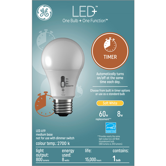 GE LED+ A19 Timer 1PK 1 ea, $20.00/1ea