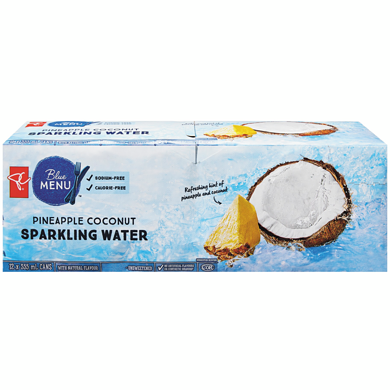 PC Blue Menu Sparkling Water, Pineapple Coconut 355 ml, $1.91/100ml