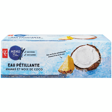 PC Menu Bleu Eau pétillante, ananas noix de coco 355 ml, 1,91 $/100ml