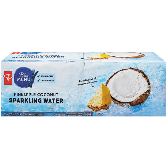 PC Blue Menu Sparkling Water, Pineapple Coconut 355 ml, $1.91/100ml