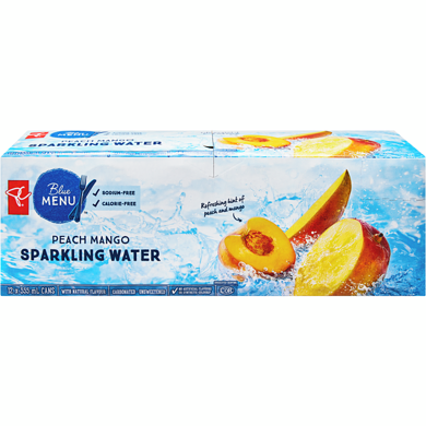 PC Blue Menu Peach Mango Sparkling Water 12 Pack 355 ml, $1.83/100ml