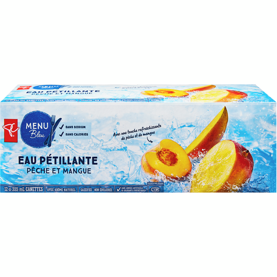 PC Menu Bleu Eau pétillante à saveur de pêche et mangue, caisse de 12 canettes 355 ml, 1,91 $/100ml