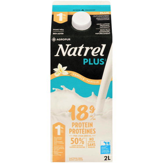 Natrel Lait protéiné à saveur de vanille 1% sans lactose Natrel Plus 2 l, 0,42 $/100ml