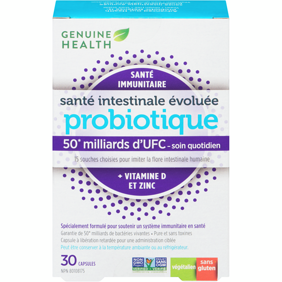 Genuine Health Santé intestinale évoluée probiotique santé immunitaire + vitamine d et zinc 30 ea, 1,60 $/1ch