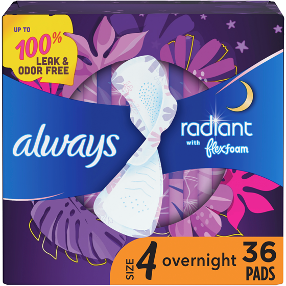 Always Radiant Overnight Feminine Pads for Women, Size 4 for Nighttime, with Wings, Light Clean Scent, 36 CT 36 ea, $0.53/1ea