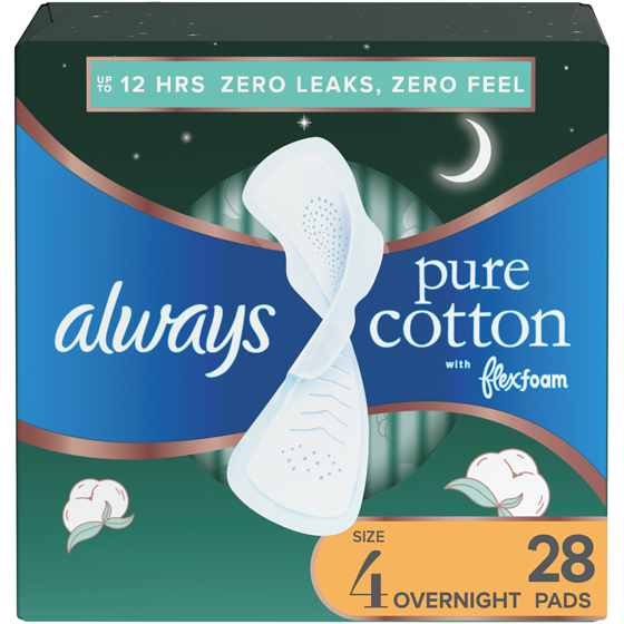Always Pure Cotton Feminine Pads for Women, Size 4, Overnight, with wings, Unscented, 28 CT 28 ea, $0.57/1ea