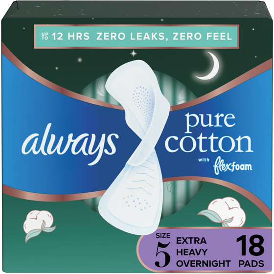Always Pure Cotton Feminine Pads for Women, Size 5, Extra Heavy Overnight, with wings, Unscented, 18 CT 18 ea, $0.83/1ea