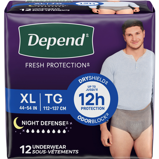 Depend Sous-vêtements d’incontinence pour adultes Night Defense pour hommes, jetables, de nuit, très grands, gris, 12 unités (l’emballage peut différer). 12 ea, 1,67 $/1ch
