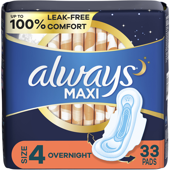 Always Serviettes Maxi de nuit, degré d’absorption de nuit, avec ailes, pour femmes, taille 4, non parfumées, 33 unités 33 ea, 0,33 $/1ch