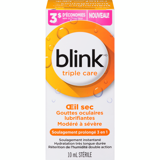 Blink Gouttes oculaires lubrifiantes œil sec modéré à sévère stérile 10 ml, 180,00 $/100ml