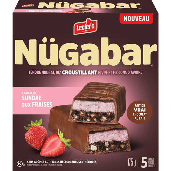 Leclerc Nügabar barres nougat enrobées à saveur de sundae aux fraises 175 g, 2,00 $/100g