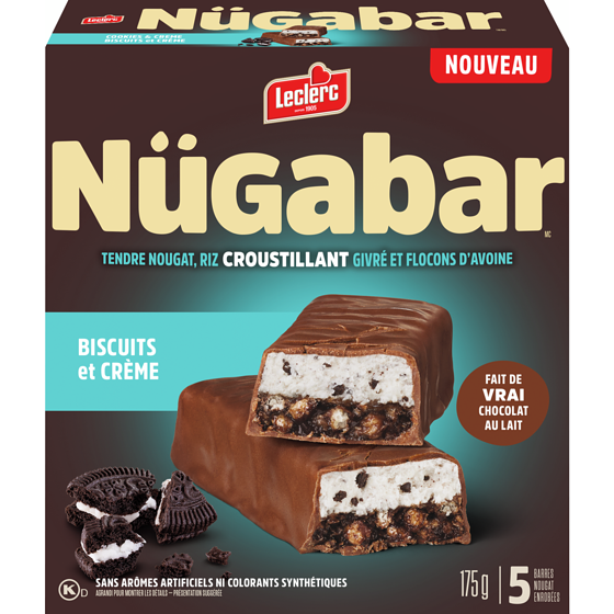 Leclerc Nügabar barres nougat enrobées biscuits et crème 175 g, 2,45 $/100g