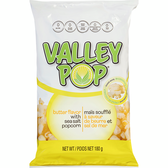 Valley Pop Maïs soufflé à saveur de beurre et sel de mer 180 g, 4,16 $/100g