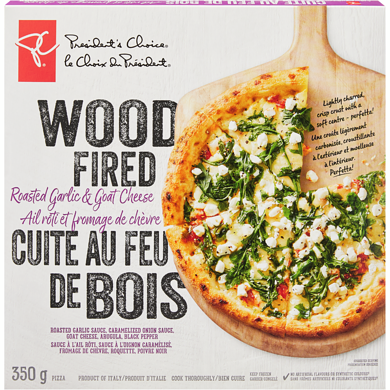 le Choix du Président Pizza à l’ail rôti et au fromage de chèvre, cuite au four de bois 351 g, 1,79 $/100g