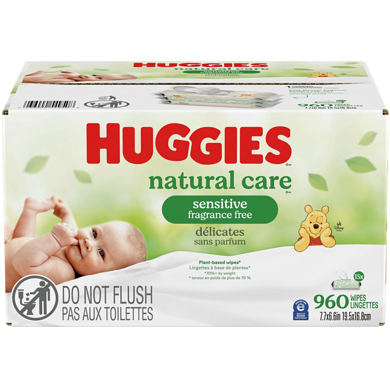 Huggies Lingettes pour bébés Natural Care pour peau sensible, NON PARFUMÉES, 15 emballages à couvercle rabattable, total de 960 lingettes 960 ea, 0,03 $/1ch