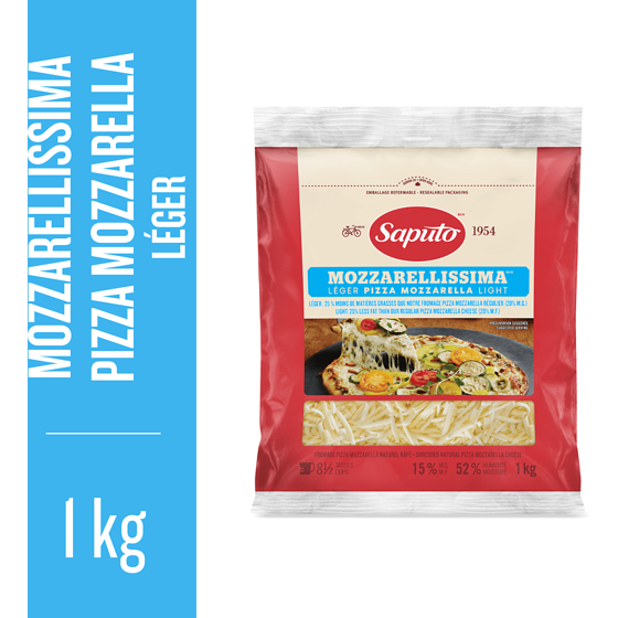 Saputo Fromage Mozzarellissima pizza mozzarella râpé léger 1 kg, 2,10 $/100g