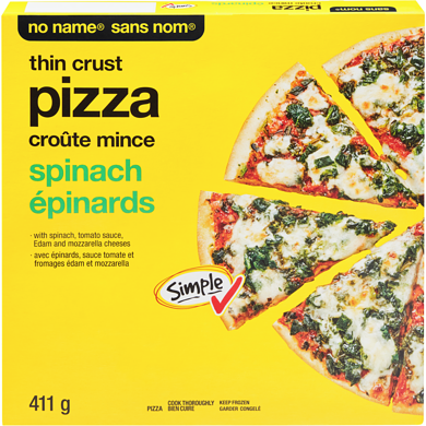 Sans Nom Pizza croûte mince aux épinards 411 g, 0,85 $/100g