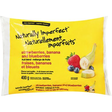 Sans Nom Mélange de fruits surgelés Naturellement imparfaits, fraises, bananes et bleuets 400 g, 0,75 $/100g