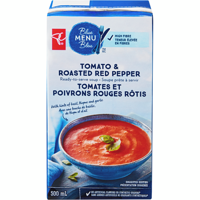PC Blue Menu Tomato and Roasted Red Pepper Soup 500 ml, $0.60/100ml